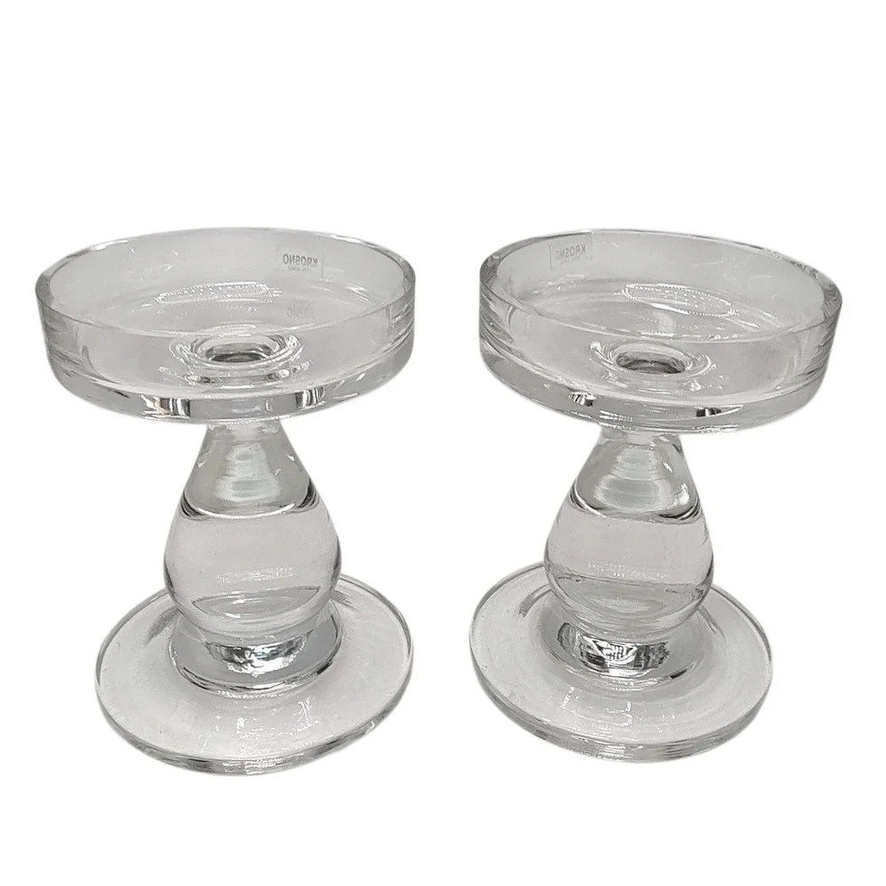 Vintage Krosno Glass Pillar Candle Holder Poland Handmade Crystal Set of Two‎